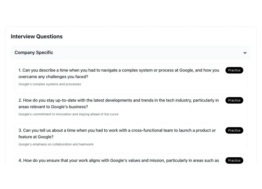 PraxJobs interview preparation tool with company-specific questions and voice practice