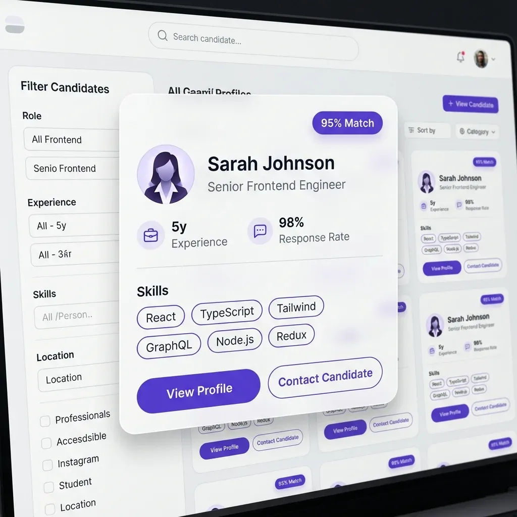 PraxJobs Talent Pool interface showing candidate profiles and recruitment activity